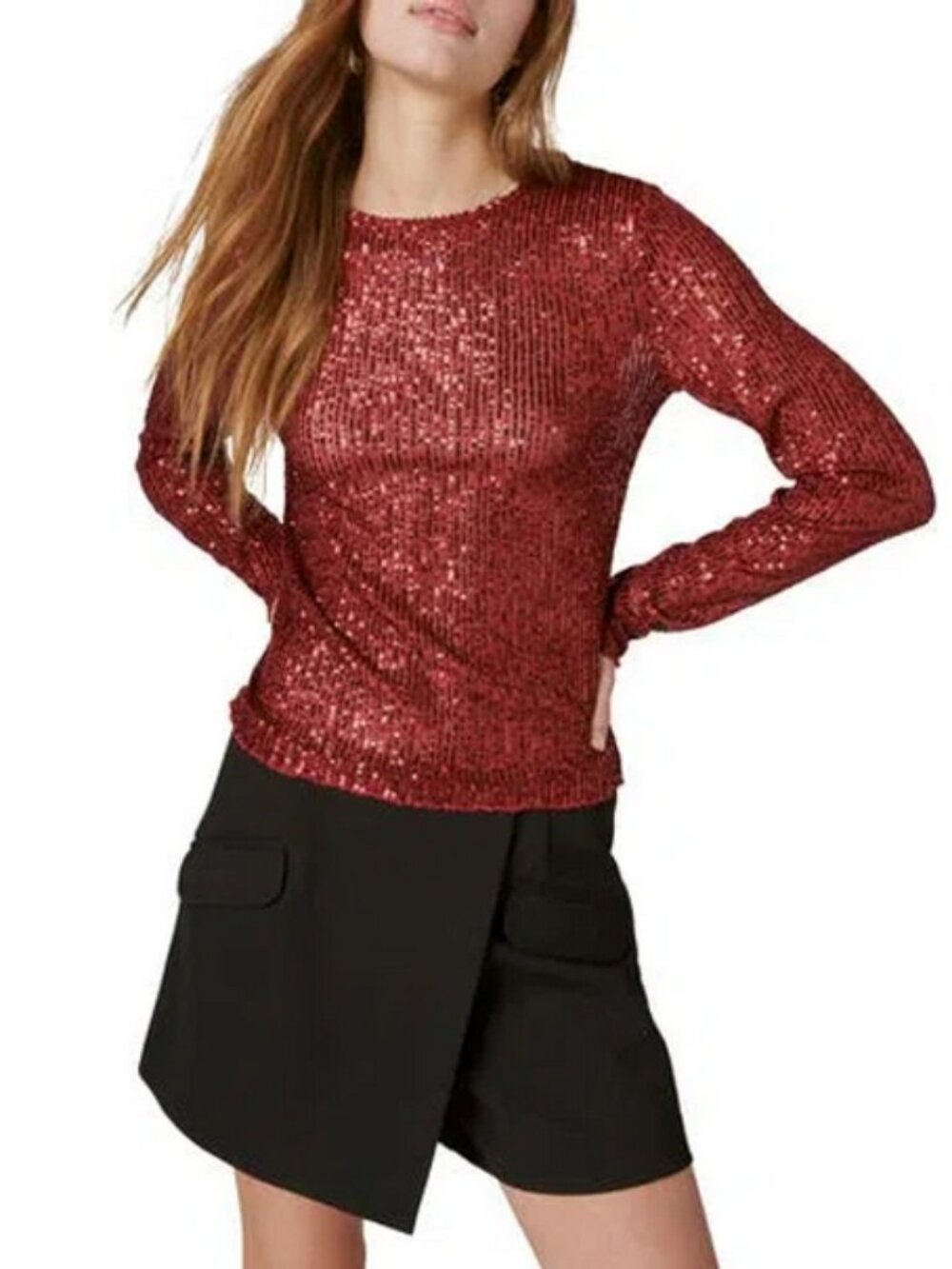 NWT Lucky Brand Womens Sequin Knit Top Embellished T-Shirt Red Large #A4594